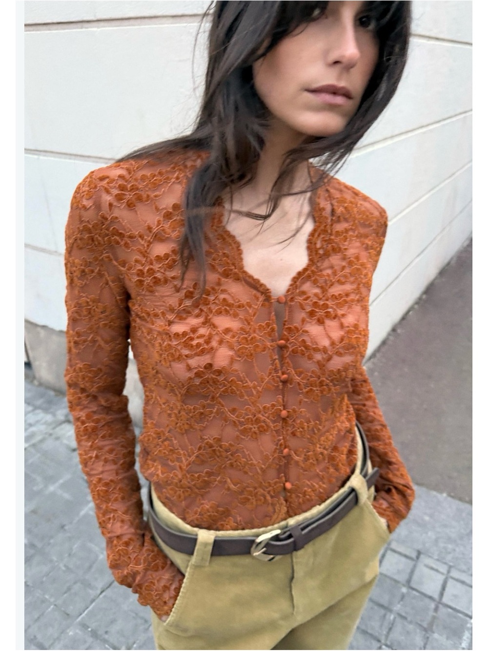 Sheer Lace Button-Front Top in Rust